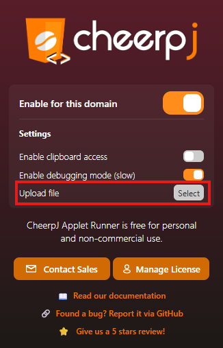 Extension popup showing the Upload button enabled while an Applet is
running
